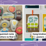 Two random acts of kindness ideas including hiding painted rocks for others to find and hanging kindness posters.