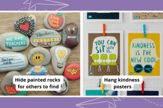 Two random acts of kindness ideas including hiding painted rocks for others to find and hanging kindness posters.