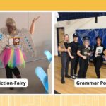 Collage of literary Halloween costumes, including the Diction-Fairy and the Grammar Police