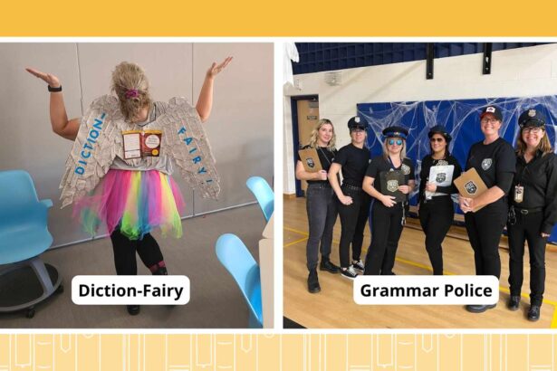 Collage of literary Halloween costumes, including the Diction-Fairy and the Grammar Police