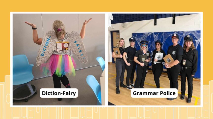 Collage of literary Halloween costumes, including the Diction-Fairy and the Grammar Police