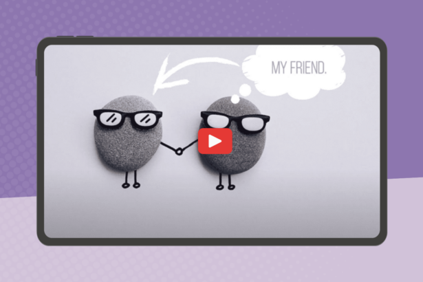 Screenshot of one of our favorite friendship videos featuring two stones with sunglasses holding hands on tablet screen with purple background.