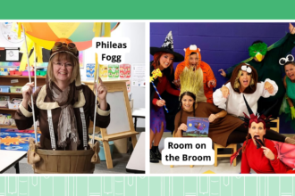 Collage of book character costumes, including Phileas Fogg and Room on the Broom