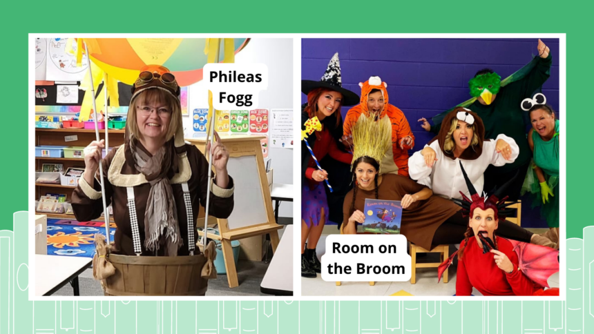 Collage of book character costumes, including Phileas Fogg and Room on the Broom