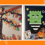 Examples of fall bulletin boards including leaving falling from tree and Halloween book boards.