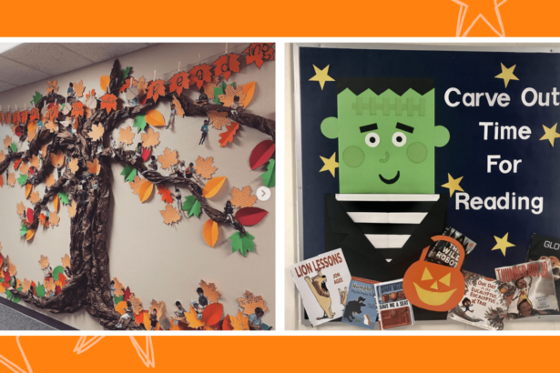 Examples of fall bulletin boards including leaving falling from tree and Halloween book boards.