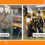 Collage of teacher Halloween costumes including jellyfish and party animals