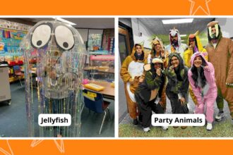 Collage of teacher Halloween costumes including jellyfish and party animals