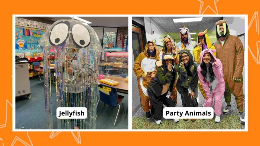 Collage of teacher Halloween costumes including jellyfish and party animals