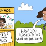 Illustration of teacher selling lemonade whose district bans crowdfunding