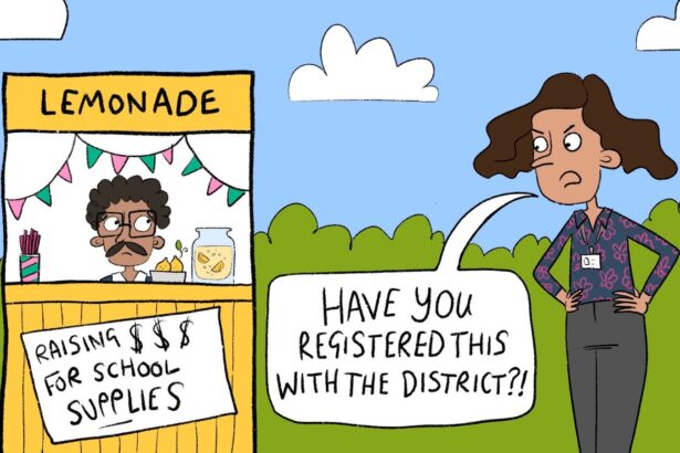 Illustration of teacher selling lemonade whose district bans crowdfunding