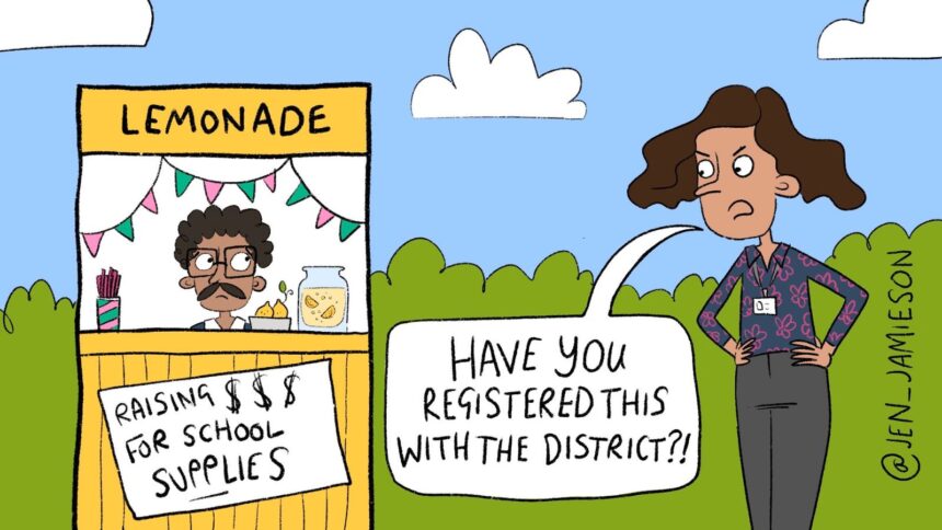 Illustration of teacher selling lemonade whose district bans crowdfunding