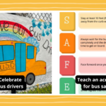 Examples of Bus Safety Week ideas such as a bus safety acronym and bus driver appreciation poster.