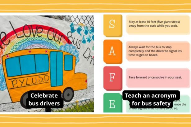 Examples of Bus Safety Week ideas such as a bus safety acronym and bus driver appreciation poster.