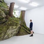 a white man in shorts and long sleeves stands next to trees and mossy craggy rocks in a white cube