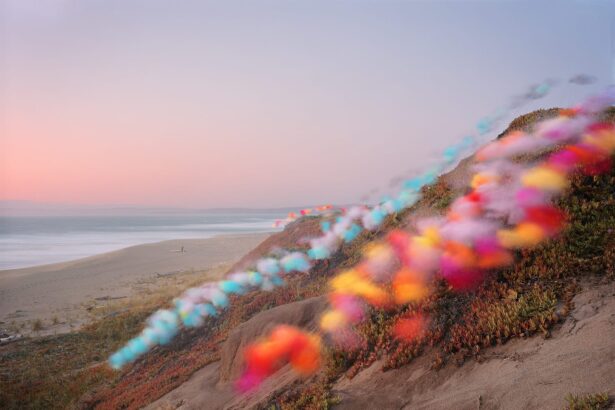 tufts of colorful tulle float down a hill by a beach