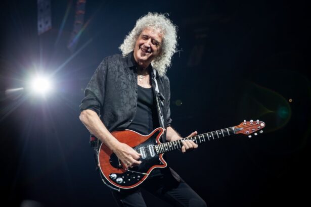 Brian May on stage palying guitar