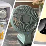 Images of a mini-fridge, fan and light alarm