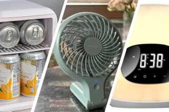 Images of a mini-fridge, fan and light alarm