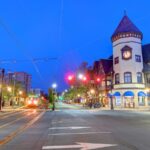 Trolley crossing intersection in Brookline, Massachusetts.