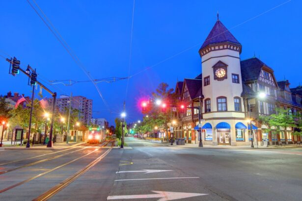 Trolley crossing intersection in Brookline, Massachusetts.