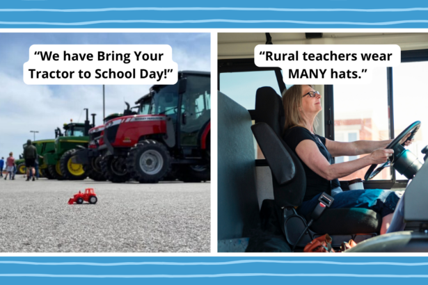 Two images with captions about teaching in a rural school