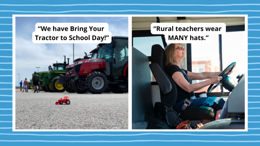 Two images with captions about teaching in a rural school