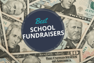 Pile of American paper money with text reading Best School Fundraisers (Fundraising Ideas for Schools)