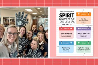 Collage of School Spirit Week Ideas, including High Five Fri-Yay and Communal Art Project