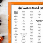 Printable Halloween word list on with Halloween decorations scattered beside it.