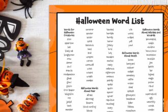 Printable Halloween word list on with Halloween decorations scattered beside it.