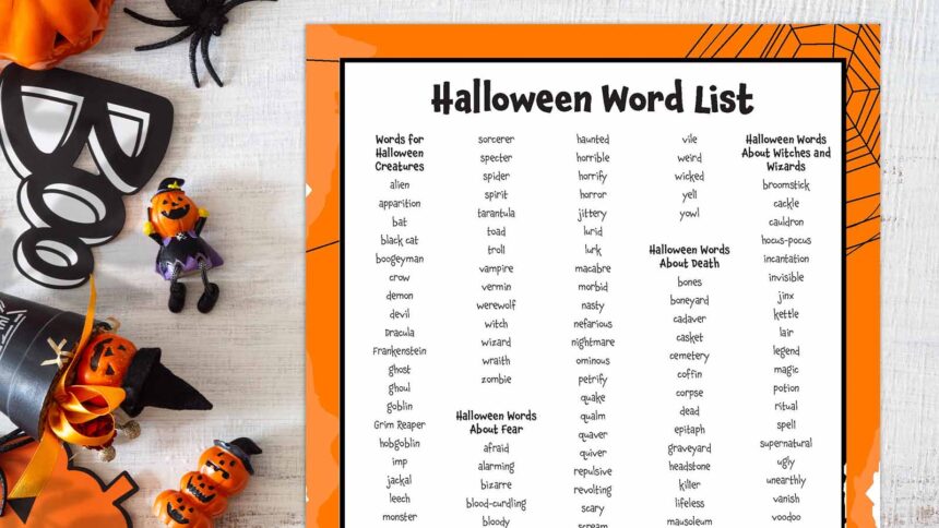 Printable Halloween word list on with Halloween decorations scattered beside it.