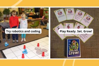 Collage of growth mindset activities, including robotics and coding and Ready. Set. Grow! game