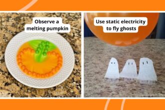 Halloween science experiments including tissue paper ghosts and candy pumpkins.