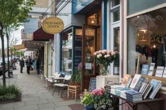 A morning on a city street with shops open and books out on displey.