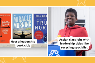 Leadership activities including a classroom recycling expert and leadership book club titles.