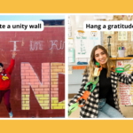 Examples of school spirit ideas for student council including creating a unity wall and hanging a gratitude chain.