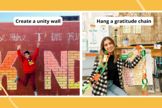 Examples of school spirit ideas for student council including creating a unity wall and hanging a gratitude chain.