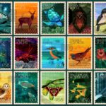 a grid of 15 colorful stamps featuring birds, deer, butterflies, and more