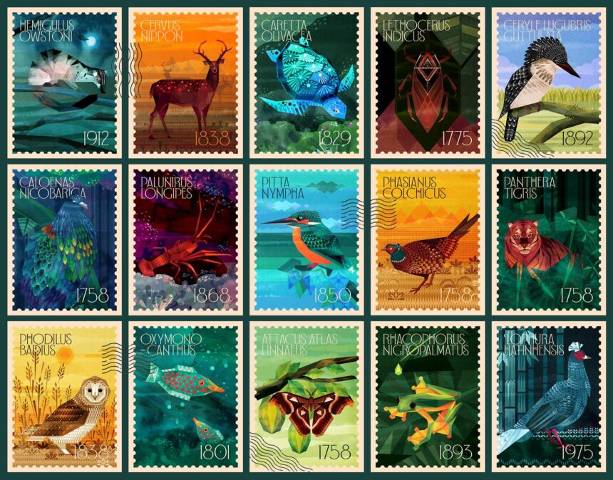 a grid of 15 colorful stamps featuring birds, deer, butterflies, and more