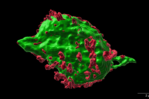 A digital reconstruction of a single nerve cell, colored green, is dotted with smaller red areas.