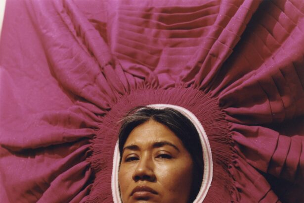 a portrait of a woman with a pink garment surrounding her face