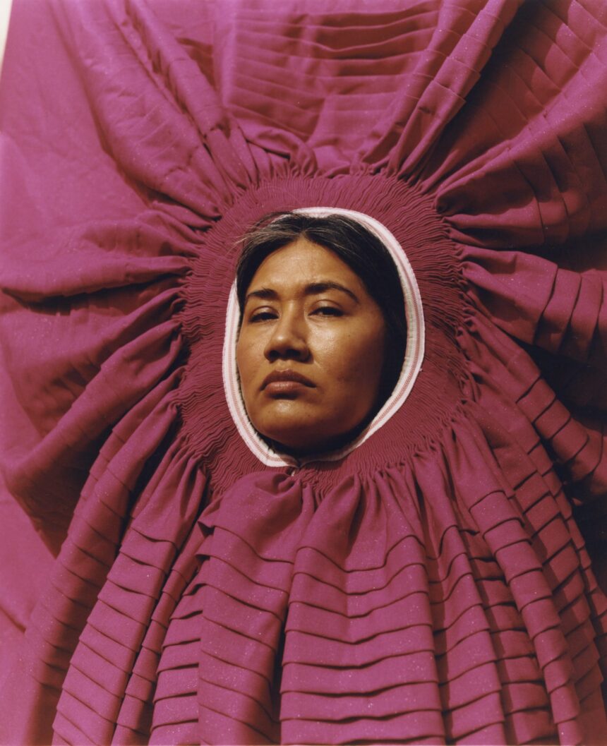 a portrait of a woman with a pink garment surrounding her face