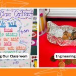 Collage of classroom contract and aluminum foil boat with pennies