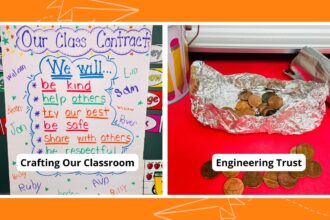 Collage of classroom contract and aluminum foil boat with pennies