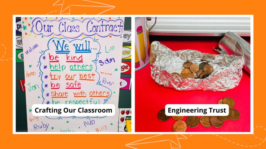 Collage of classroom contract and aluminum foil boat with pennies