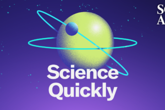 A small blue sphere orbits a larger green sphere against a purple background, with "Science Quickly" written underneath.