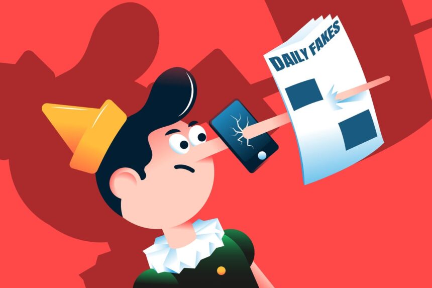 Illustration of Pinocchio with a larger shadow projected on a red background, his long nose is piercing a smart phone and newspaper with text that reads, "DAILY FAKES."