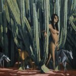 a nude woman wanders through cacti while dogs surround her