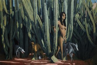 a nude woman wanders through cacti while dogs surround her